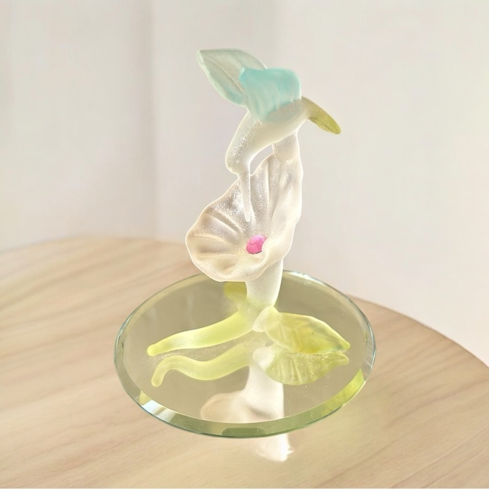 Frosted Glass Hummingbird on Flower Petal Figurine